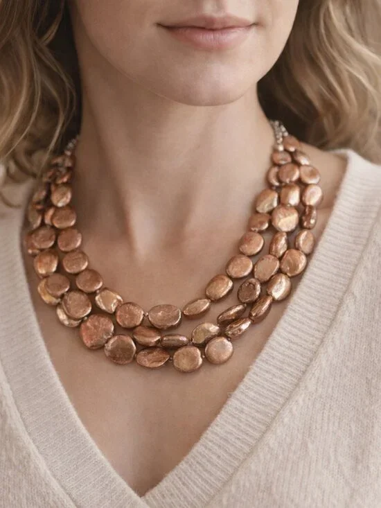 Silpada Bronze Coin Pearl 3-Strand Necklace | Smoky Quartz Layered N1717 - Picture 3 of 4